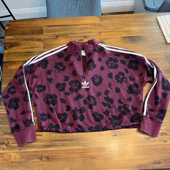 ADIDAS Burgundy Crop Leopard Sweatshirt Top Women’s L - Picture 5 of 7